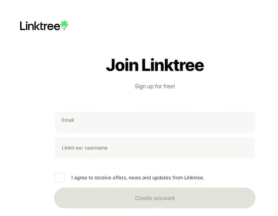 用於建立 Linktree 帳戶的註冊頁面。 