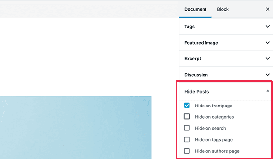 Hide posts from homepage in WordPress in the “Hide Posts” section in the right column of the editor using the WP Hide Post plugin