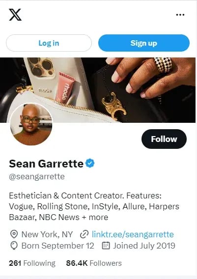 Sean Garrette 的 Twitter 簡介以及 Linktree URL。