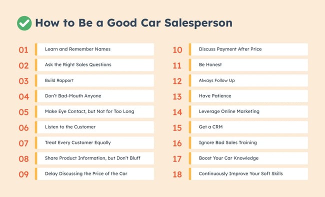 A list of the top tips for how to be a great car salesperson.
