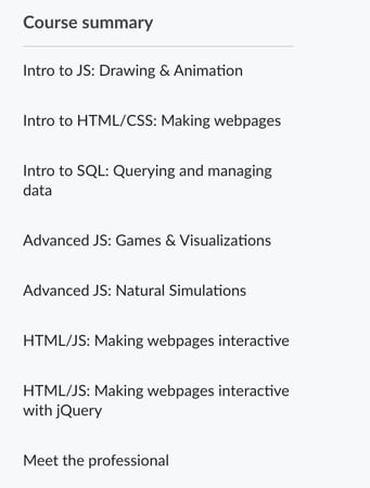 Intro to JS: Drawing & AnimationIntro to HTML/CSSIntro to SQLAdvanced JavaScriptHTML/JSHTML/JS