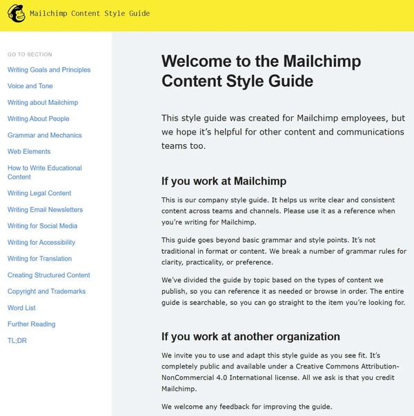 Mailchimp's style guide includes guidance for its employees