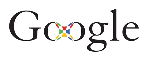 Early black serif font Google logo prototype where Os are connected by a colored square pattern