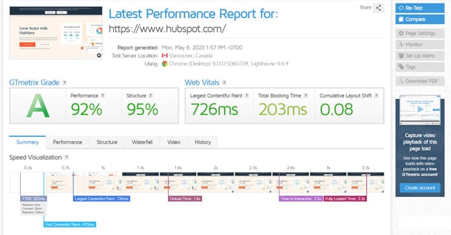 wordpress site speed and performance: gtmetrix homepage results 