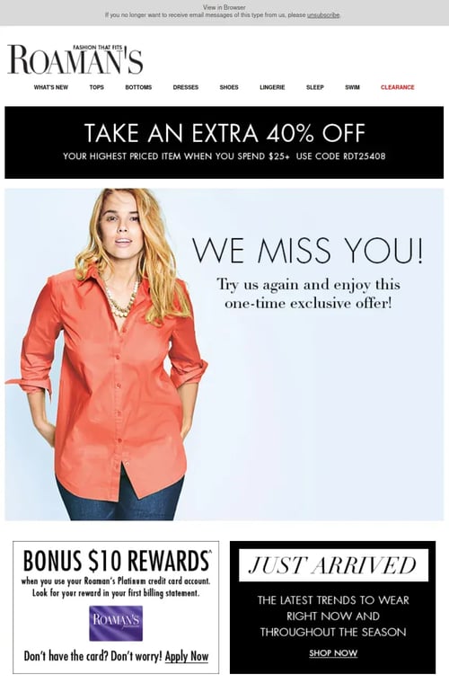 Roaman’s offers an extra 40% off on an item to encourage customer retention.
