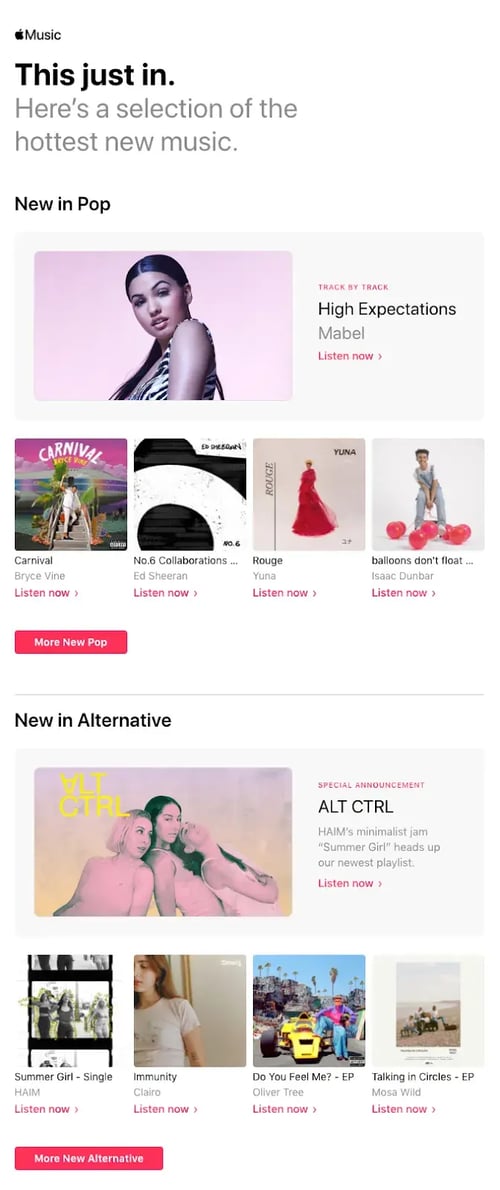 Apple Music’s email newsletter features a list of the hottest new music. 