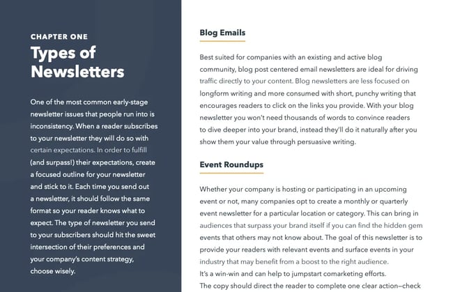 Screen explaining types of email newsletters 