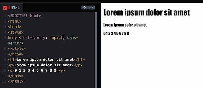 HTML and CSS fonts code example: Impact