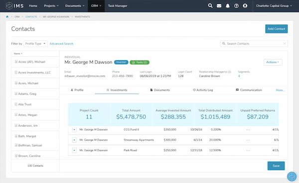 IMS real estate CRM in contacts view with metrics related to an individual client