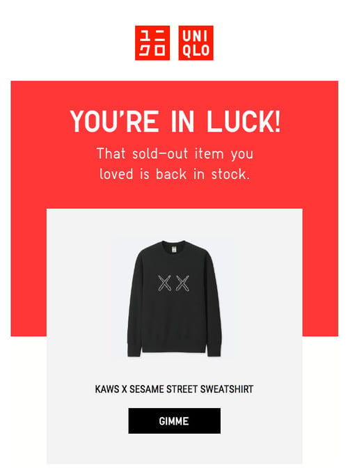 inbound email marketing example: back in stock email