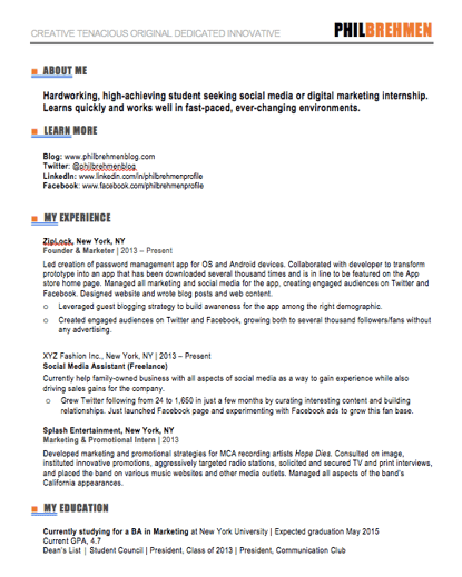 resume templates for word: Inbound marketing template for interns and marketers