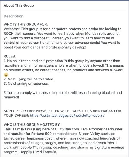 Career coaching Facebook group rules