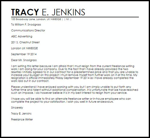 Example of letter of resignation: contractor