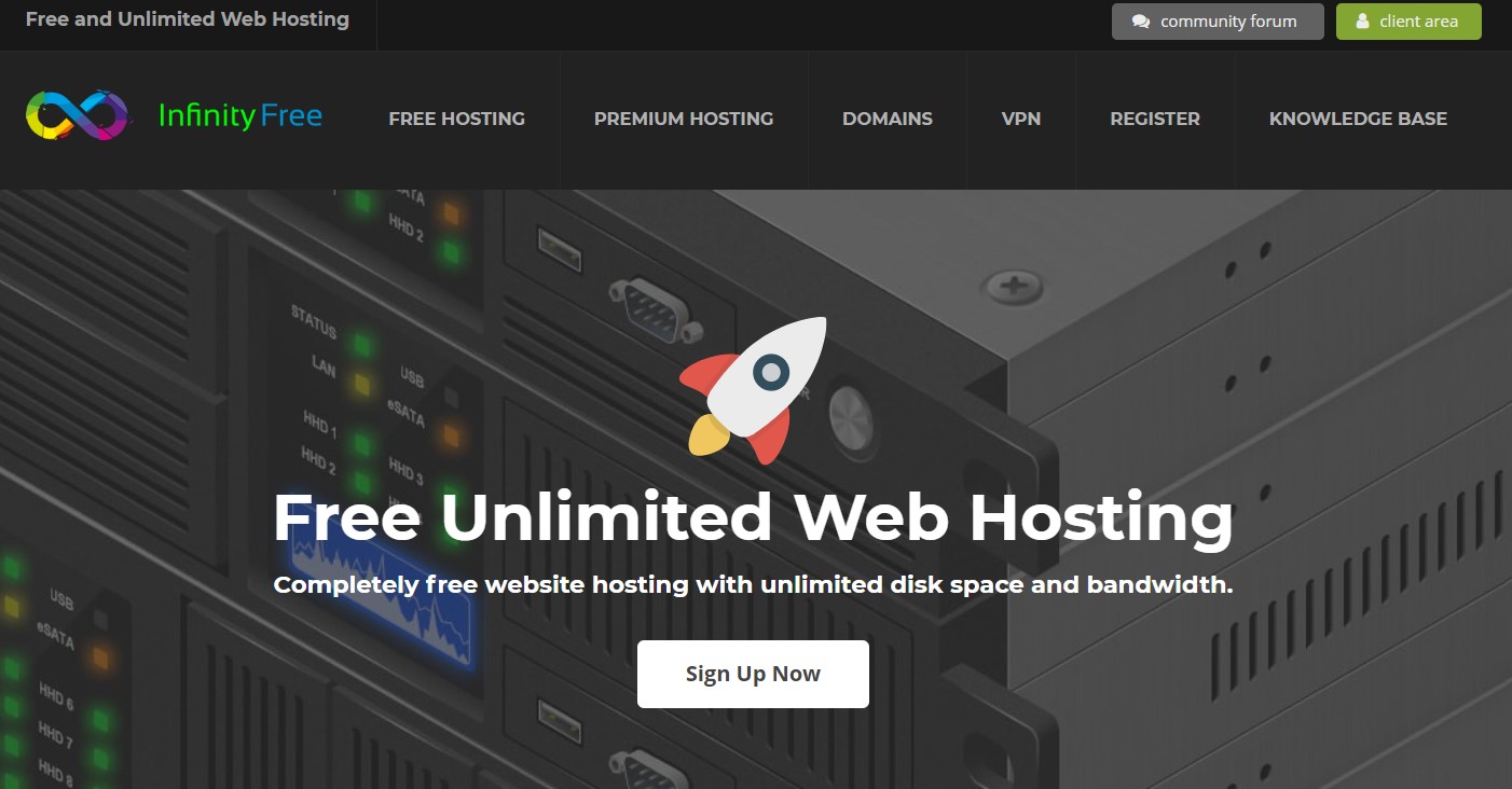 infinity free hosting homepage that reads "completely free website hosting with unlimited disk space and bandwidth"