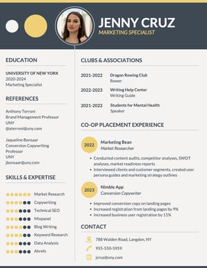 A gray infographic resume with pops of yellow design elements.