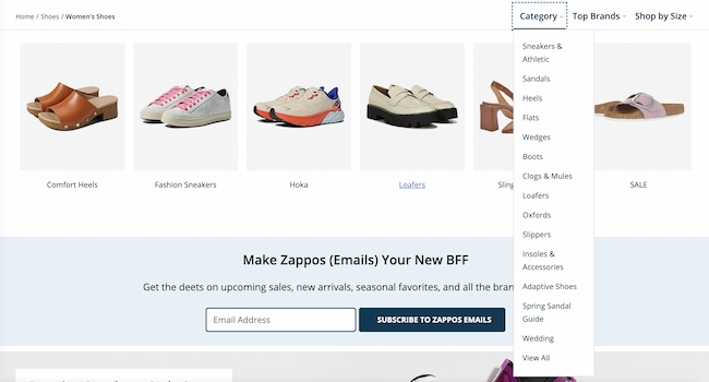 What is information architecture example: Zappos site navigation