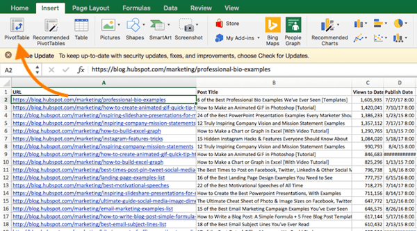 Creating a pivot table under the "Insert" option in Excel