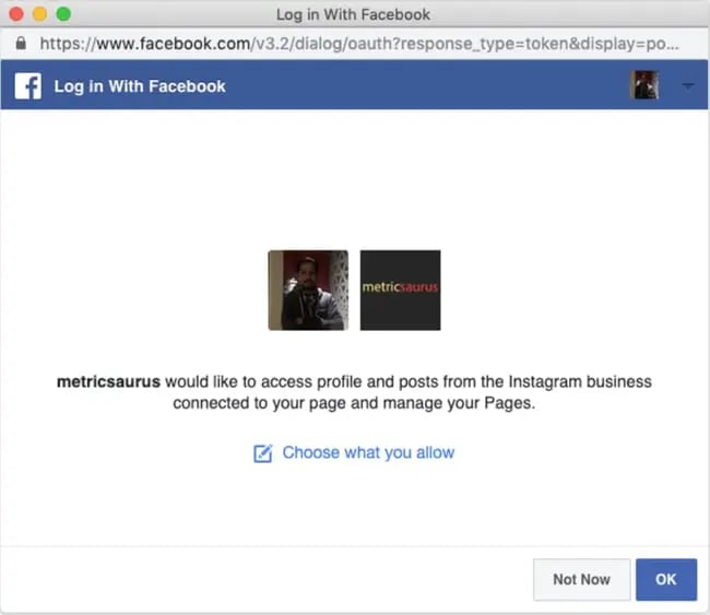 Facebook login modal asking for access to an Instagram business profile