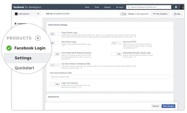 Facebook Login settings on the Facebook Developer dashboard