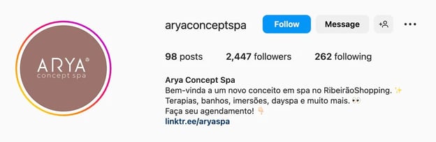 Good Instagram bio ideas with offers and call to action, arya concept spa
