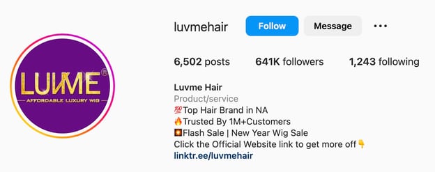 Good Instagram bio ideas with offers and call to action, luveme hair