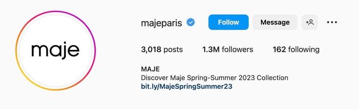 Simple Instagram bio ideas for apparel, maje