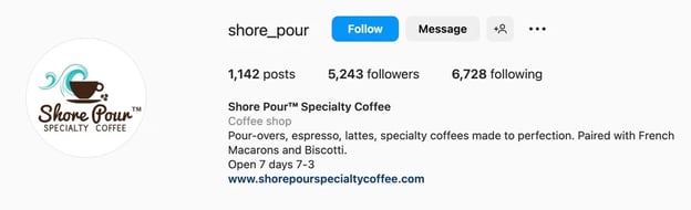 Instagram bio ideas for restaurants and coffee shops, shore pour