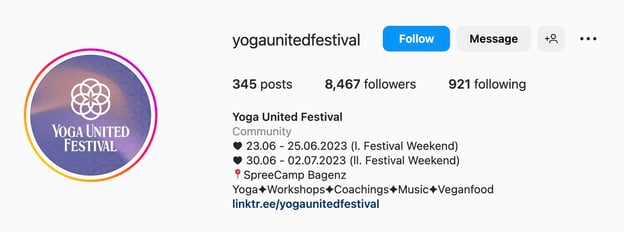 Good Instagram bio ideas with offers and call to action, yoga united