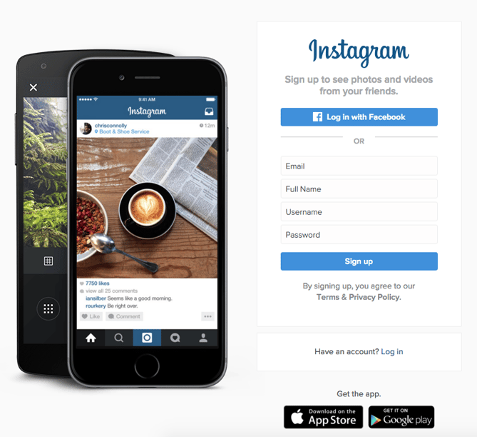 Instagram signup call to action buttons