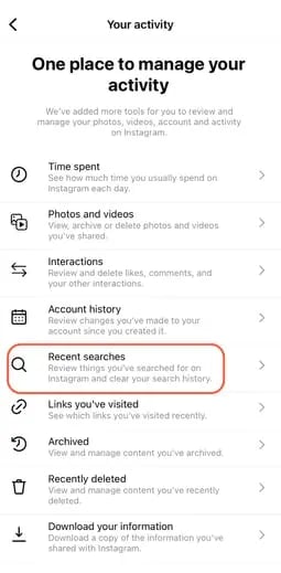 showing in settings how to clear instagram search history