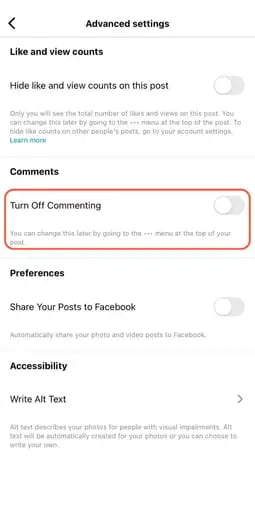 how to disable comments on your instagram posts