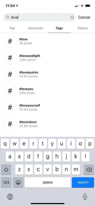 Instagram search page on the "Tags" tab