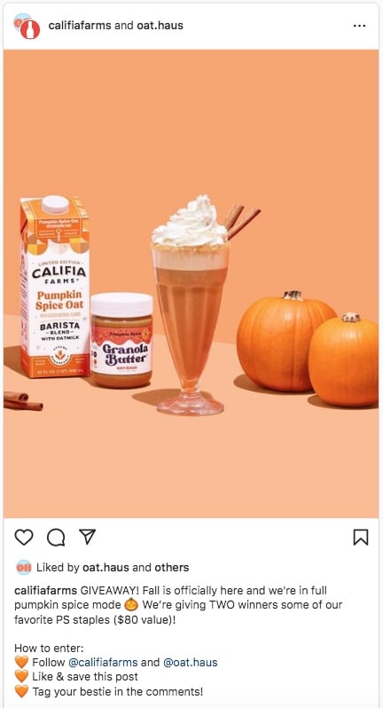instagram marketing for small business, Califia Farms and Oat Haus collaborate on a giveaway as part of their Instagram marketing strategies.