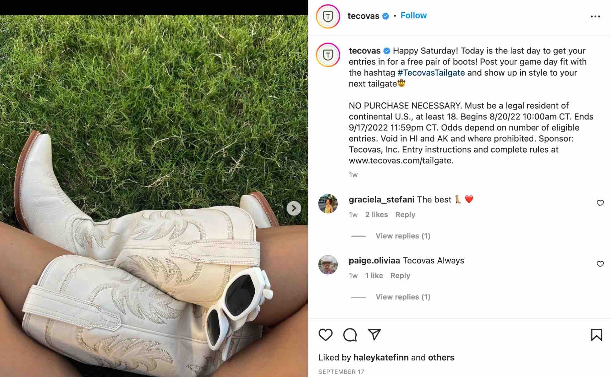 instagram marketing for small business, an Instagram post from boot brand Tecovas demonstrates how branded hashtags can be effective for Instagram marketing strategy for a small business.