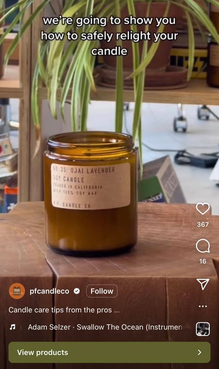 instagram marketing for small business, an Instagram Reels from P.F. Candle Co. features a candle and text overlay that says “we’re going to show you how to safely relight your candle.”