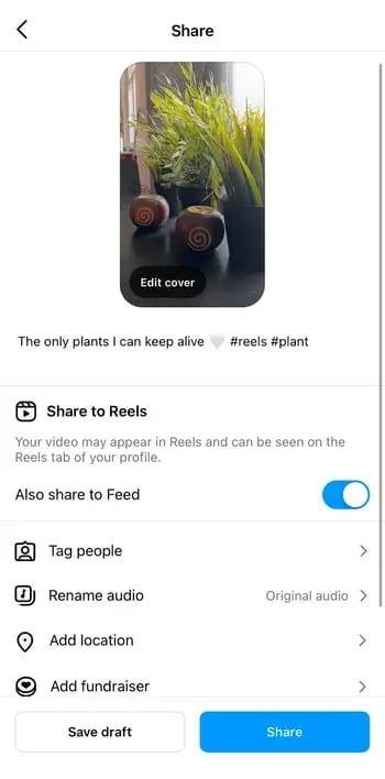 Choose to also share Instagram reel to Feed or not