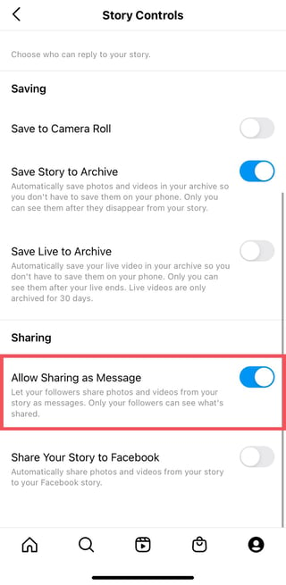 Instagram Story sharing settings