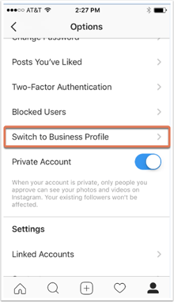 Switch to Business Profile option on Instagram mobile app