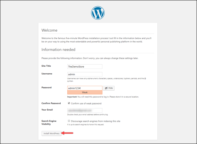 form that you fill out while installing wordpress 
