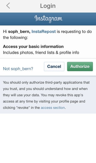 Option to give InstaRepost access to Instagram account