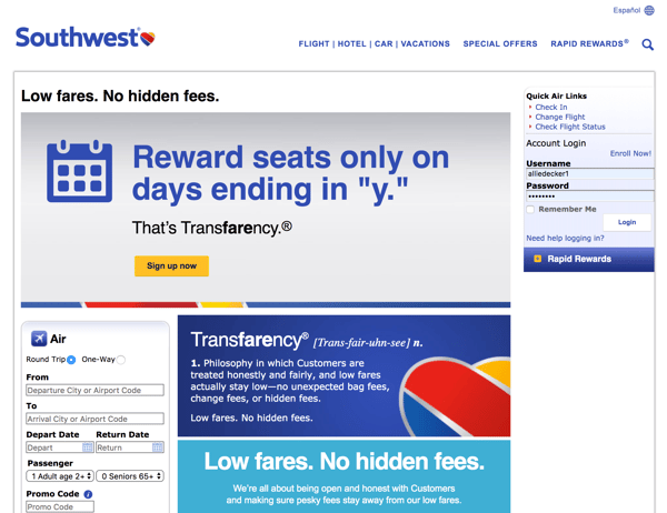 integrated marketing example southwest website