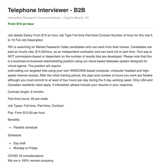 work from home customer service job: interactive research communications telephone interviewer
