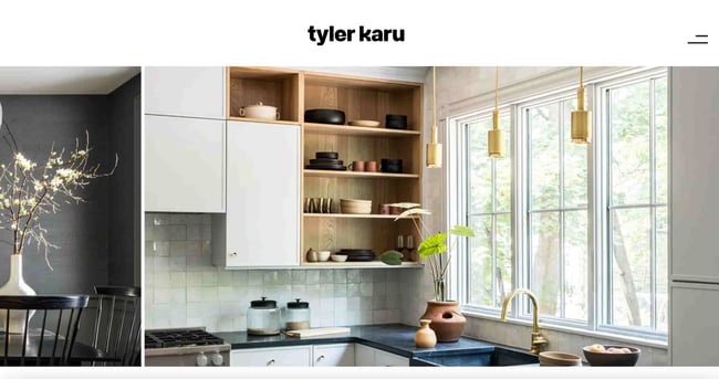 interior design websites: Tyler Karu website homepage shows a kitchen designed by the interior designer. 