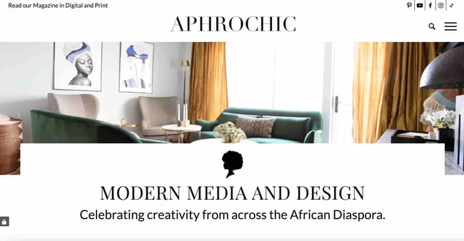 interior design websites: Aphrochic shows name of website on top and living room sitting area 
