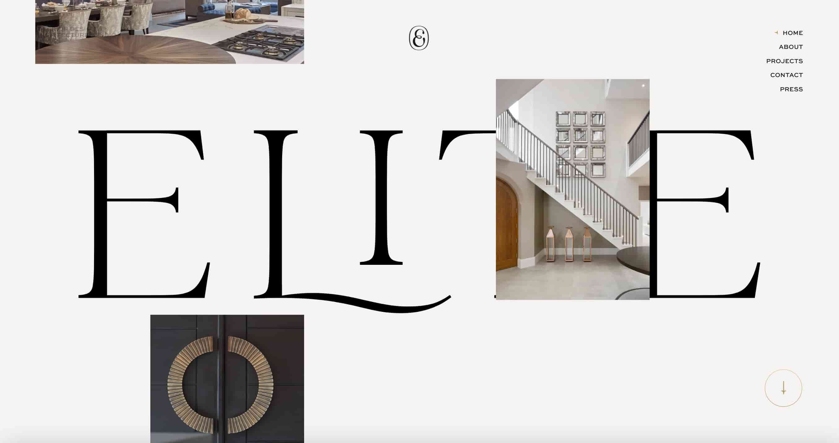 interior design websites: elite which shows the name of the company and pictures overlaid 