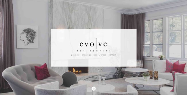 interior design websites: evolve residential shows a living room sitting area with menu overlay 