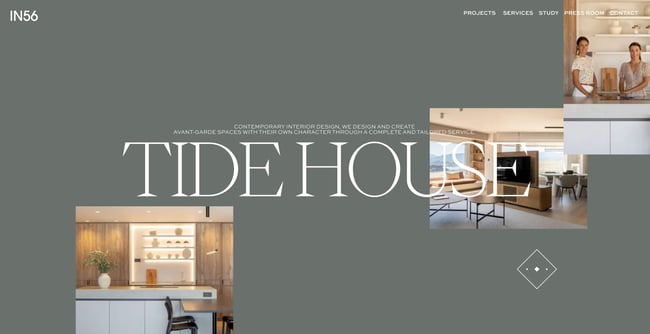interior design websites: IN56 homepage features sage green and describes house style 