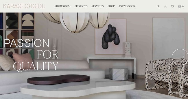 interior design websites: karageorgiou text reads passion for quality and shows an abstract sitting room. 