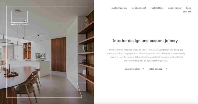 interior design websites: Renner shows an interior next to copy 