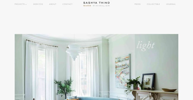 interior design websites: sashya thind website shows menu on top and large image in the middle 